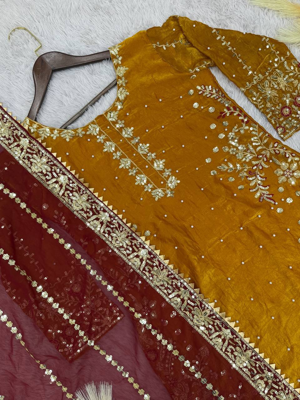 Prazu Fashion Yellow Frendy Silk Embroidered Riveted Moti Work Palazzo Suit