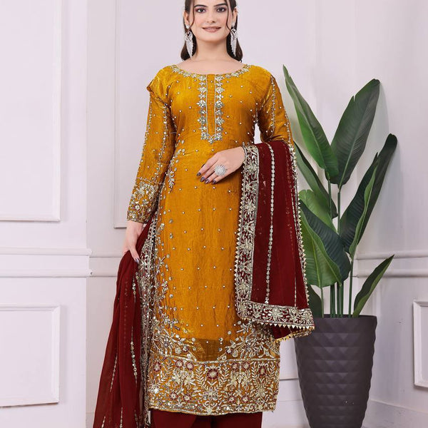 Prazu Fashion Yellow Frendy Silk Embroidered Riveted Moti Work Palazzo Suit