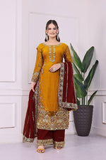 Thumbnail for Prazu Fashion Yellow Frendy Silk Embroidered Riveted Moti Work Palazzo Suit