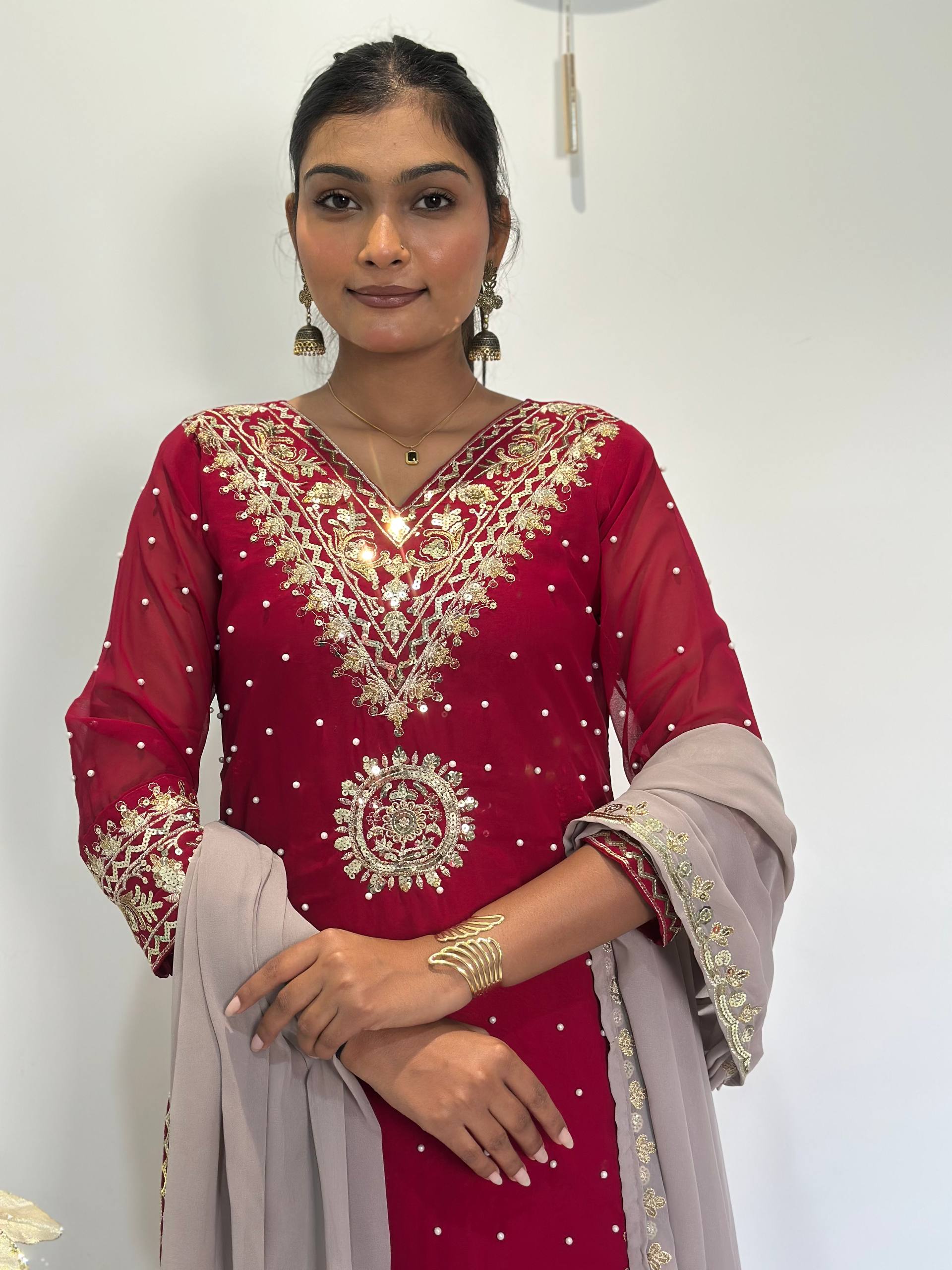 Prazu Fashion Maroon Georgette Embroidered Sequence Palazzo Suit