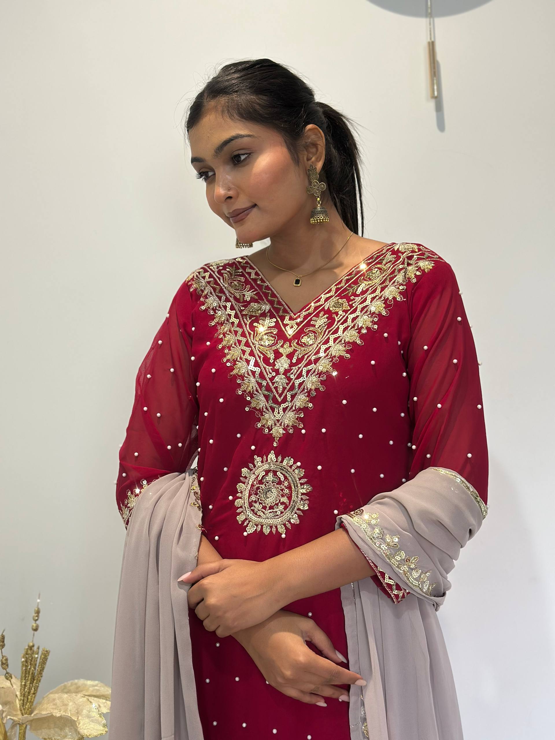 Prazu Fashion Maroon Georgette Embroidered Sequence Palazzo Suit