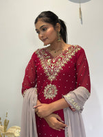 Thumbnail for Prazu Fashion Maroon Georgette Embroidered Sequence Palazzo Suit