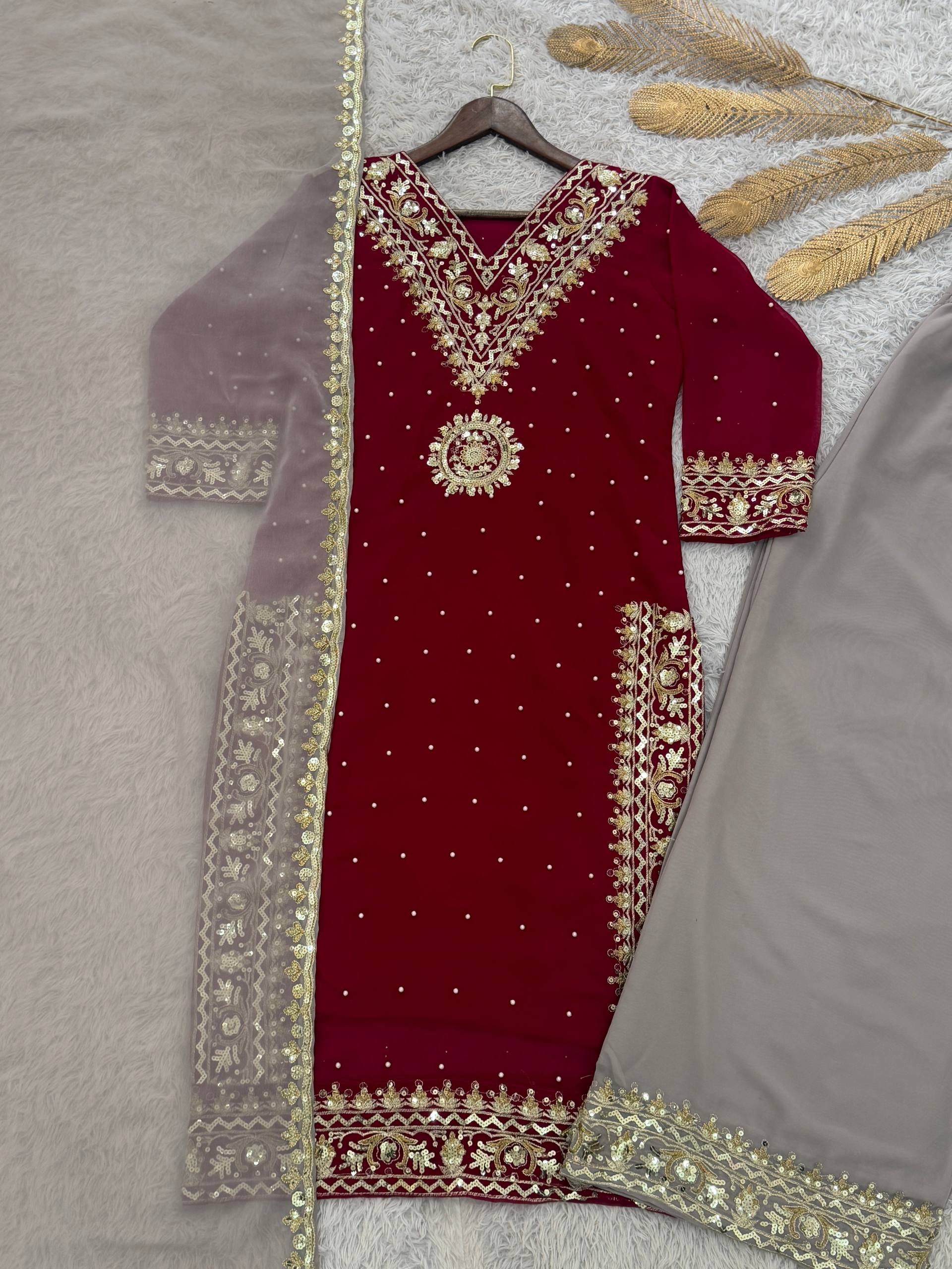 Prazu Fashion Maroon Georgette Embroidered Sequence Palazzo Suit