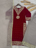 Thumbnail for Prazu Fashion Maroon Georgette Embroidered Sequence Palazzo Suit