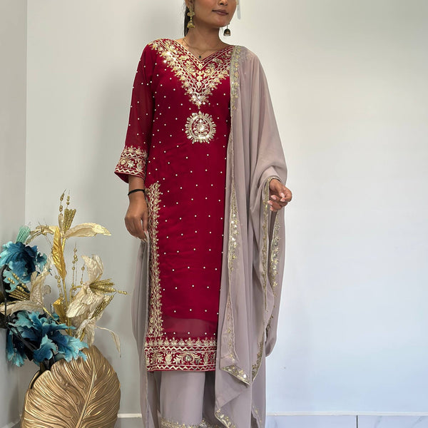 Prazu Fashion Maroon Georgette Embroidered Sequence Palazzo Suit