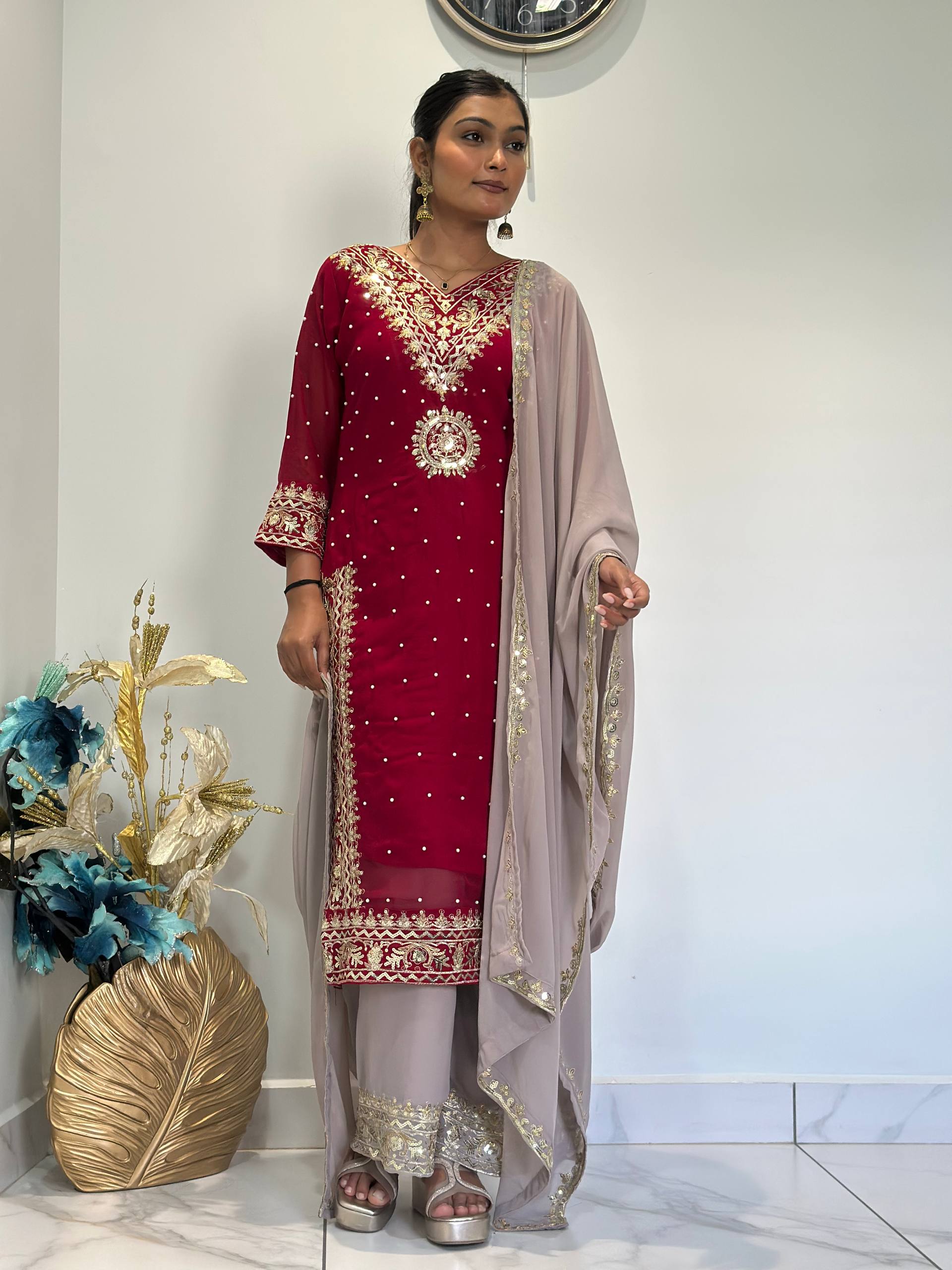 Prazu Fashion Maroon Georgette Embroidered Sequence Palazzo Suit - Distacart