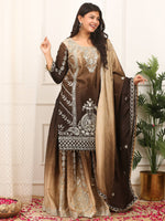Thumbnail for Prazu Fashion Coffee Shaded Chinon Silk Embroidered Sequence Palazzo Suit