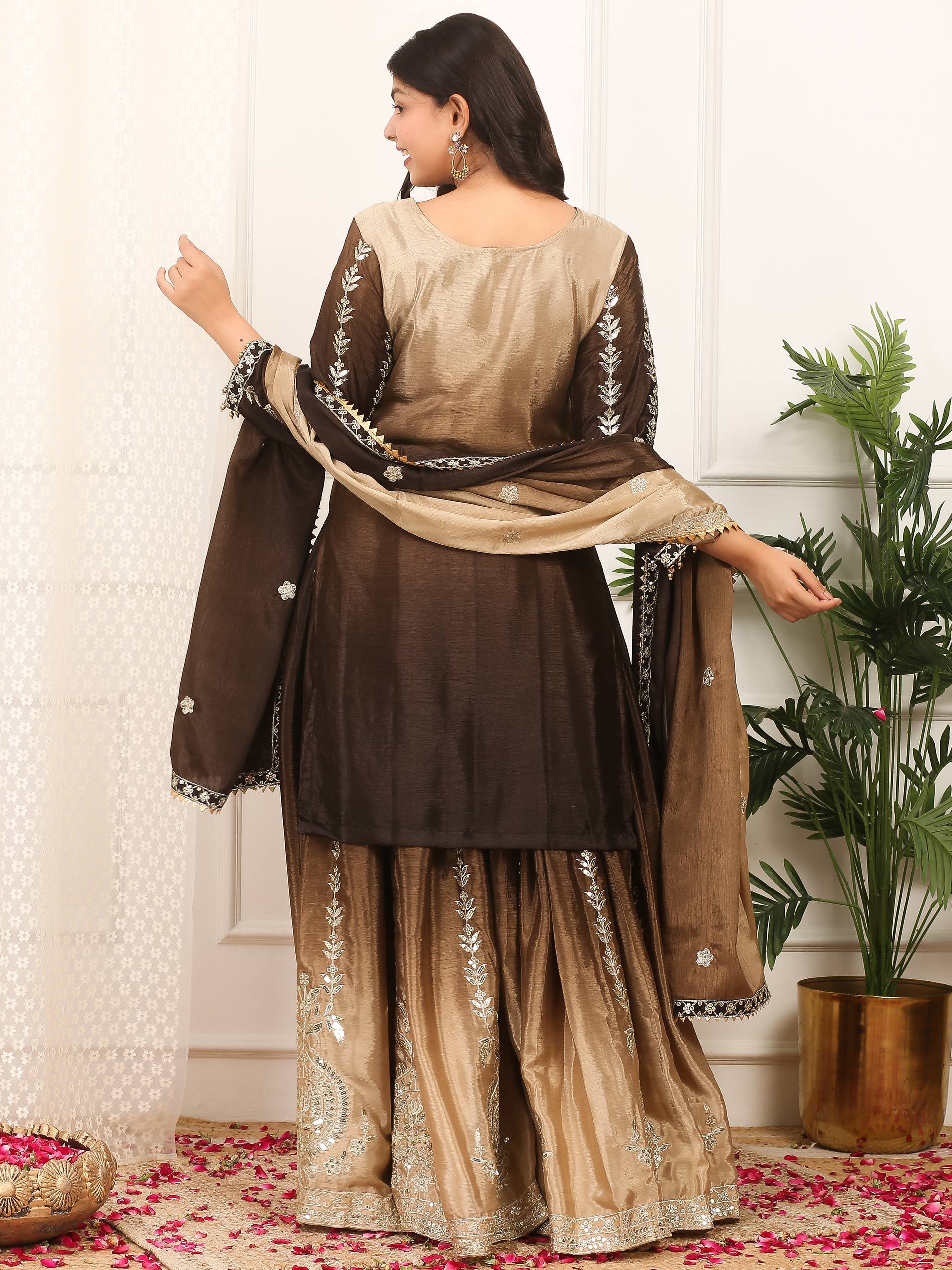 Prazu Fashion Coffee Shaded Chinon Silk Embroidered Sequence Palazzo Suit