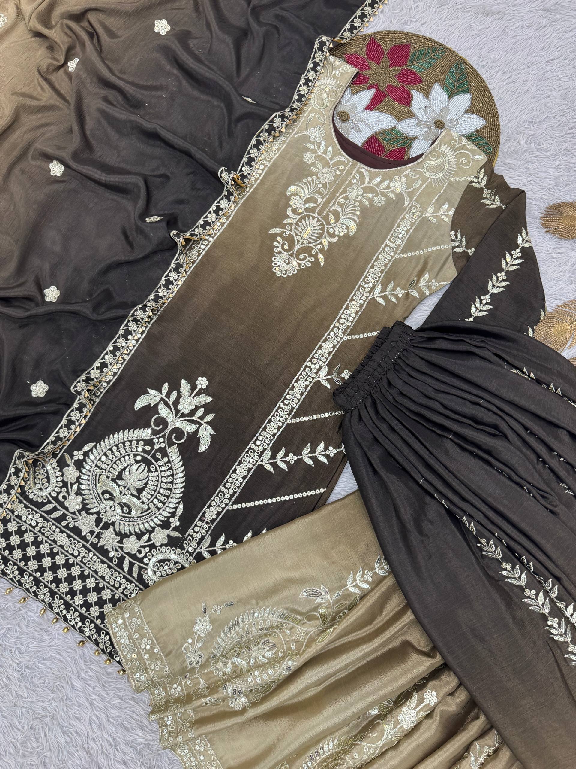 Prazu Fashion Coffee Shaded Chinon Silk Embroidered Sequence Palazzo Suit