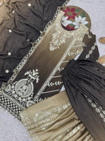 Thumbnail for Prazu Fashion Coffee Shaded Chinon Silk Embroidered Sequence Palazzo Suit