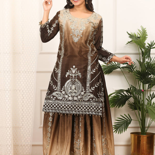 Prazu Fashion Coffee Shaded Chinon Silk Embroidered Sequence Palazzo Suit