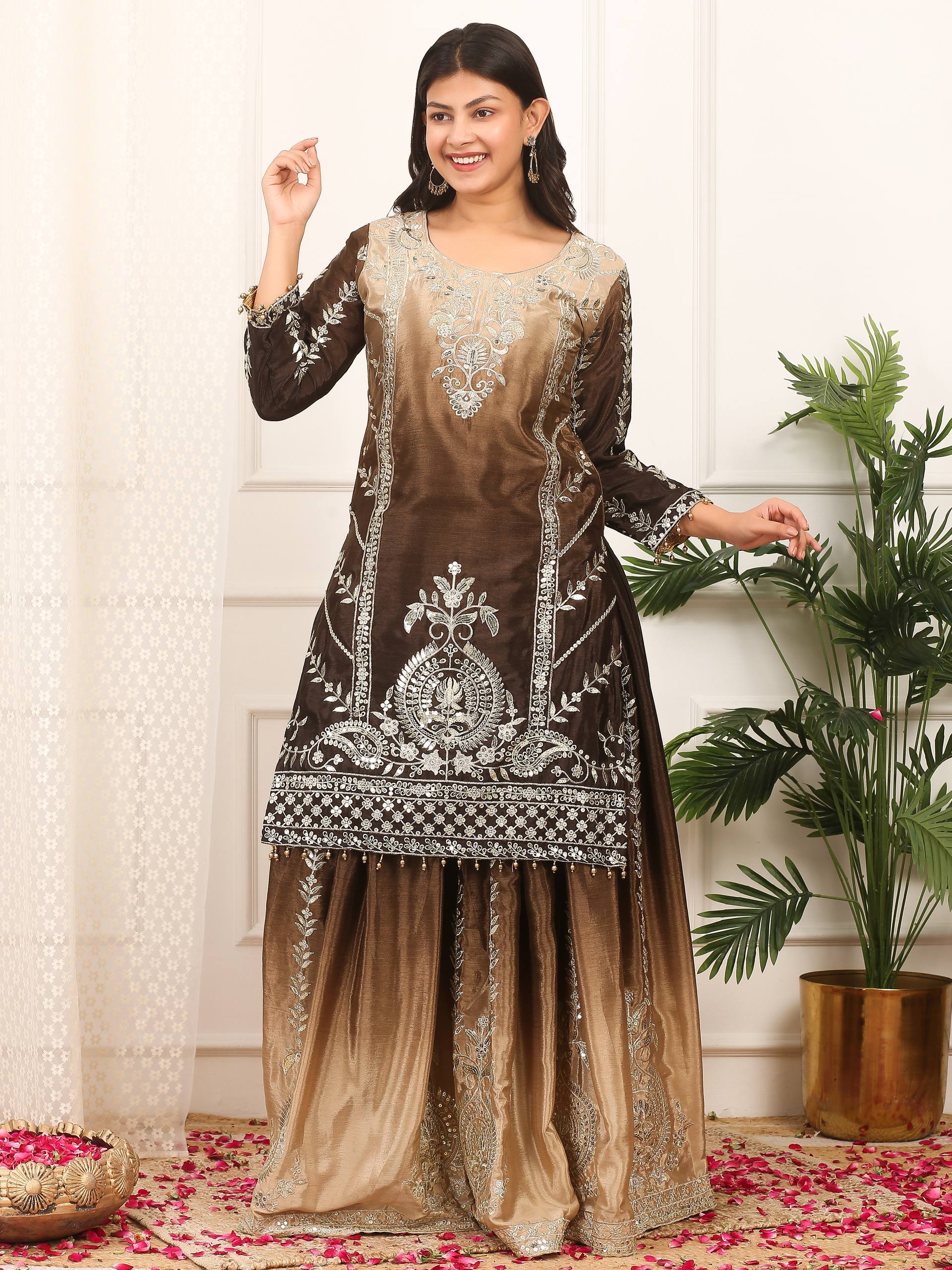 Prazu Fashion Coffee Shaded Chinon Silk Embroidered Sequence Palazzo Suit