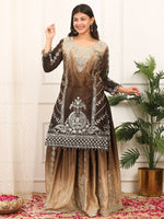 Thumbnail for Prazu Fashion Coffee Shaded Chinon Silk Embroidered Sequence Palazzo Suit