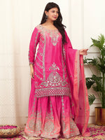 Thumbnail for Prazu Fashion Pink Shaded Chinon Silk Embroidered Sequence Palazzo Suit