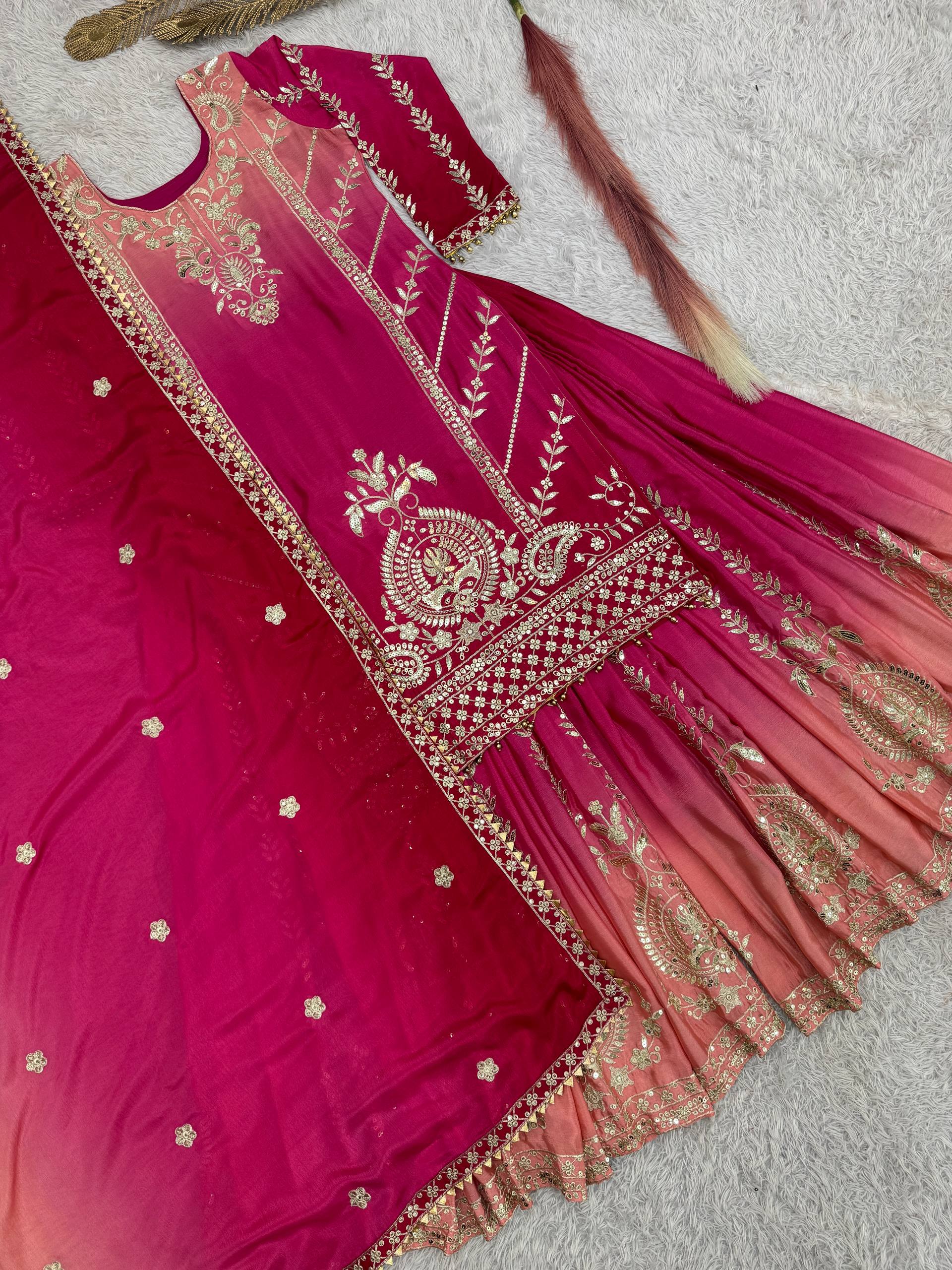 Prazu Fashion Pink Shaded Chinon Silk Embroidered Sequence Palazzo Suit