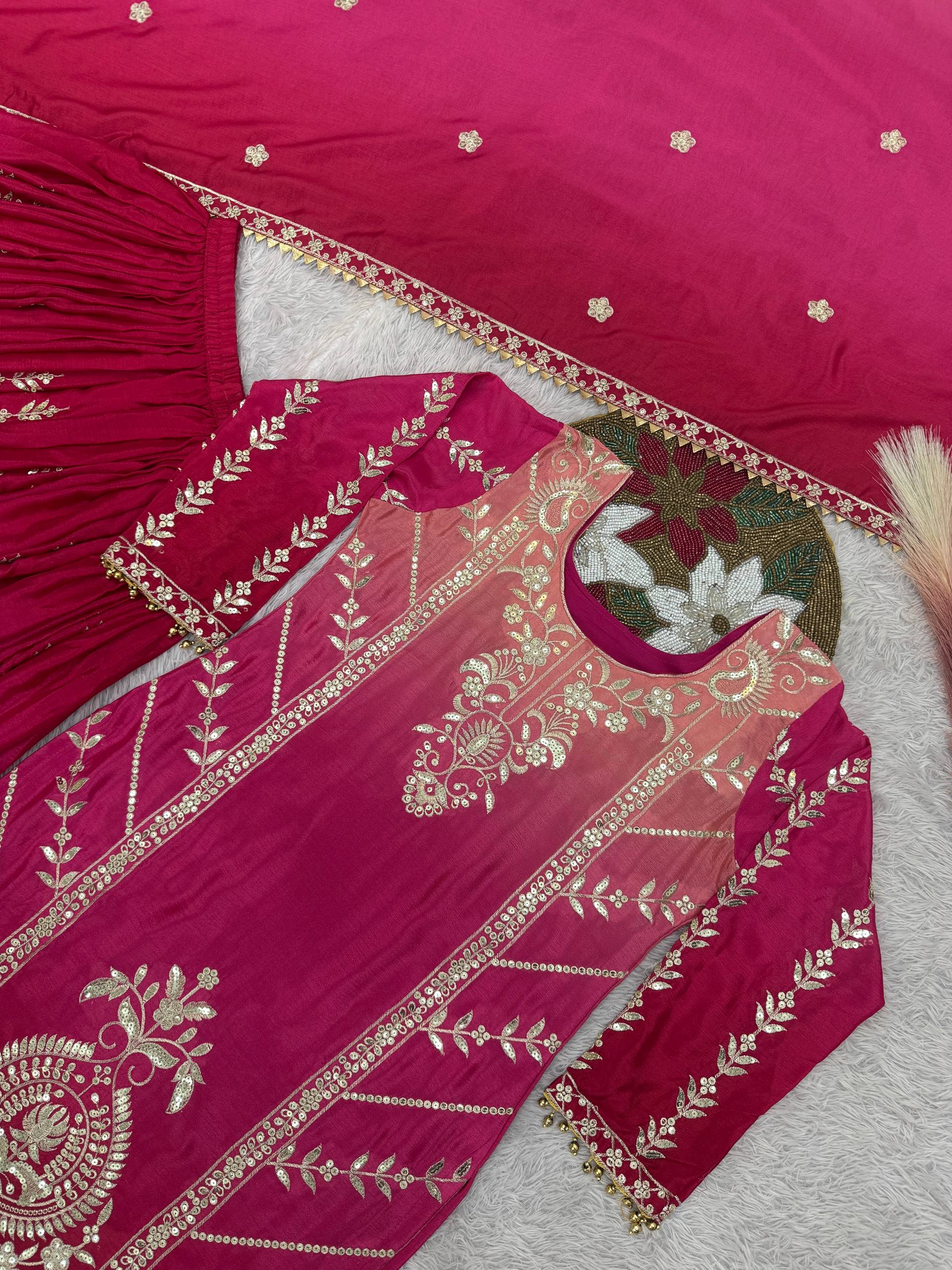 Prazu Fashion Pink Shaded Chinon Silk Embroidered Sequence Palazzo Suit