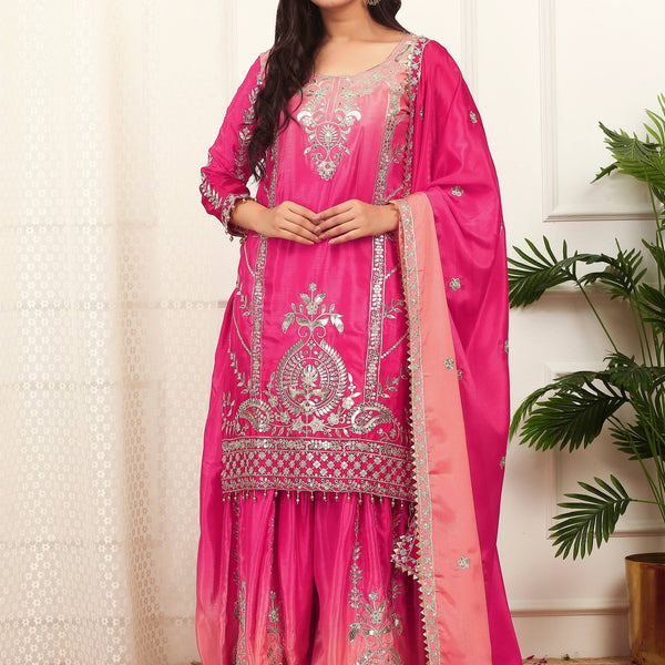 Prazu Fashion Pink Shaded Chinon Silk Embroidered Sequence Palazzo Suit