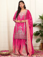 Thumbnail for Prazu Fashion Pink Shaded Chinon Silk Embroidered Sequence Palazzo Suit