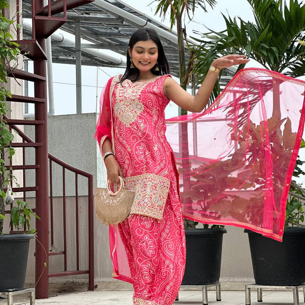 Prazu Fashion Pink Chinon Silk Embroidered Dhoti Style Suit