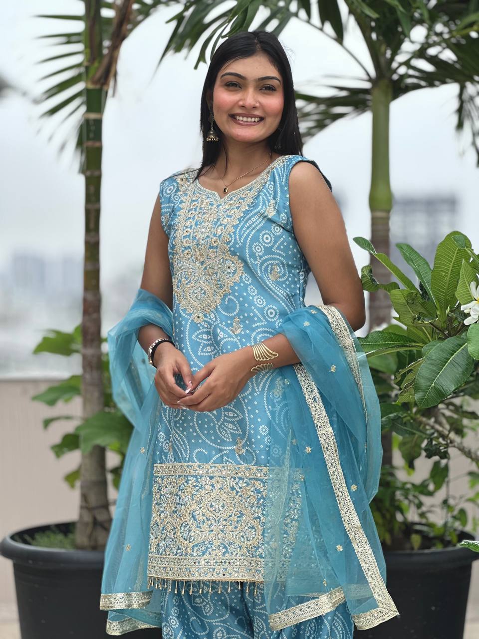 Prazu Fashion Sky Blue Chinon Silk Embroidered Dhoti Style Suit