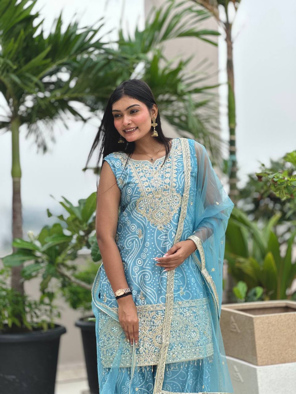 Prazu Fashion Sky Blue Chinon Silk Embroidered Dhoti Style Suit