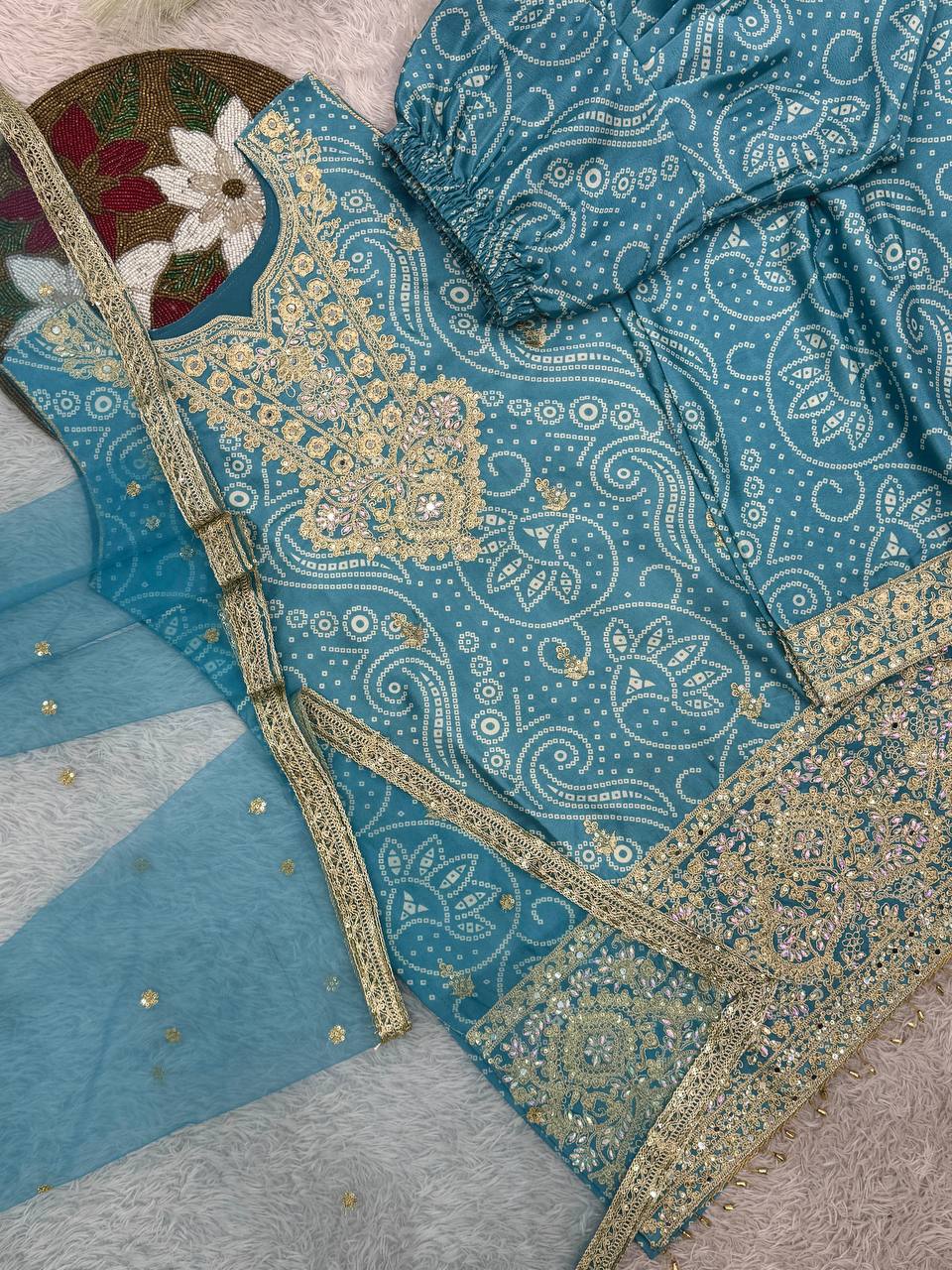 Prazu Fashion Sky Blue Chinon Silk Embroidered Dhoti Style Suit