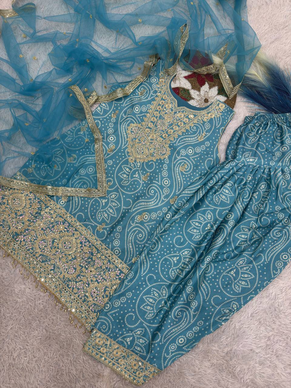 Prazu Fashion Sky Blue Chinon Silk Embroidered Dhoti Style Suit