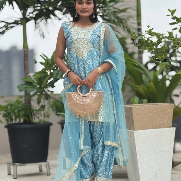 Prazu Fashion Sky Blue Chinon Silk Embroidered Dhoti Style Suit