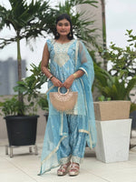 Thumbnail for Prazu Fashion Sky Blue Chinon Silk Embroidered Dhoti Style Suit