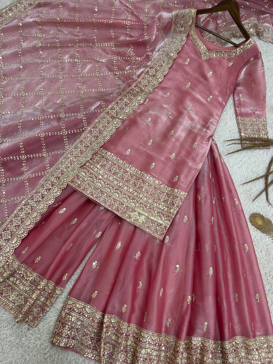 Prazu Fashion Peach Jimmi Silk Embroidered Sequence Work Palazzo Suit