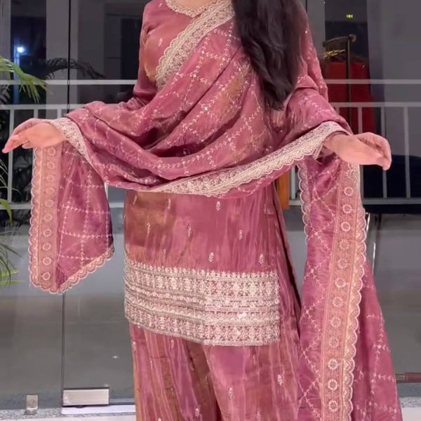 Prazu Fashion Peach Jimmi Silk Embroidered Sequence Work Palazzo Suit