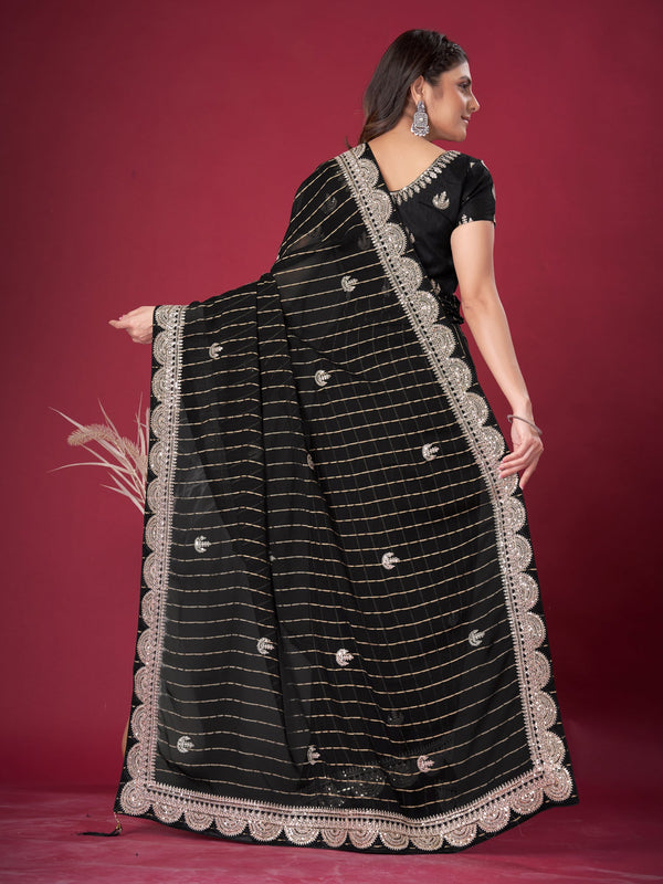 NOZ2TOZ Women's Chiffon Black Embroidered Designer Saree With Blouse Piece - Distacart