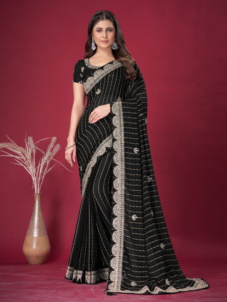 NOZ2TOZ Women's Chiffon Black Embroidered Designer Saree With Blouse Piece - Distacart