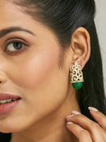 Thumbnail for Nuyug 22K Gold-Plated Green Gemstone & Zircon Studded Contemporary Filigree Motif Studs