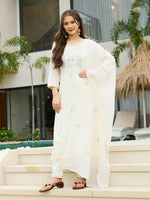 Thumbnail for The52 White Women's Beautiful Rayon Slub Fabric Embroidered Work Straight Kurta, Pant and Dupatta Set - Distacart