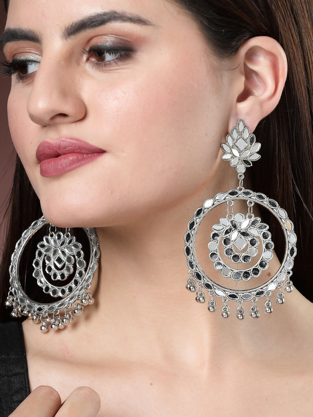 NVR Women's Silver-Toned Mirror Work Oxidised Contemporary Drop Earrings - Distacart