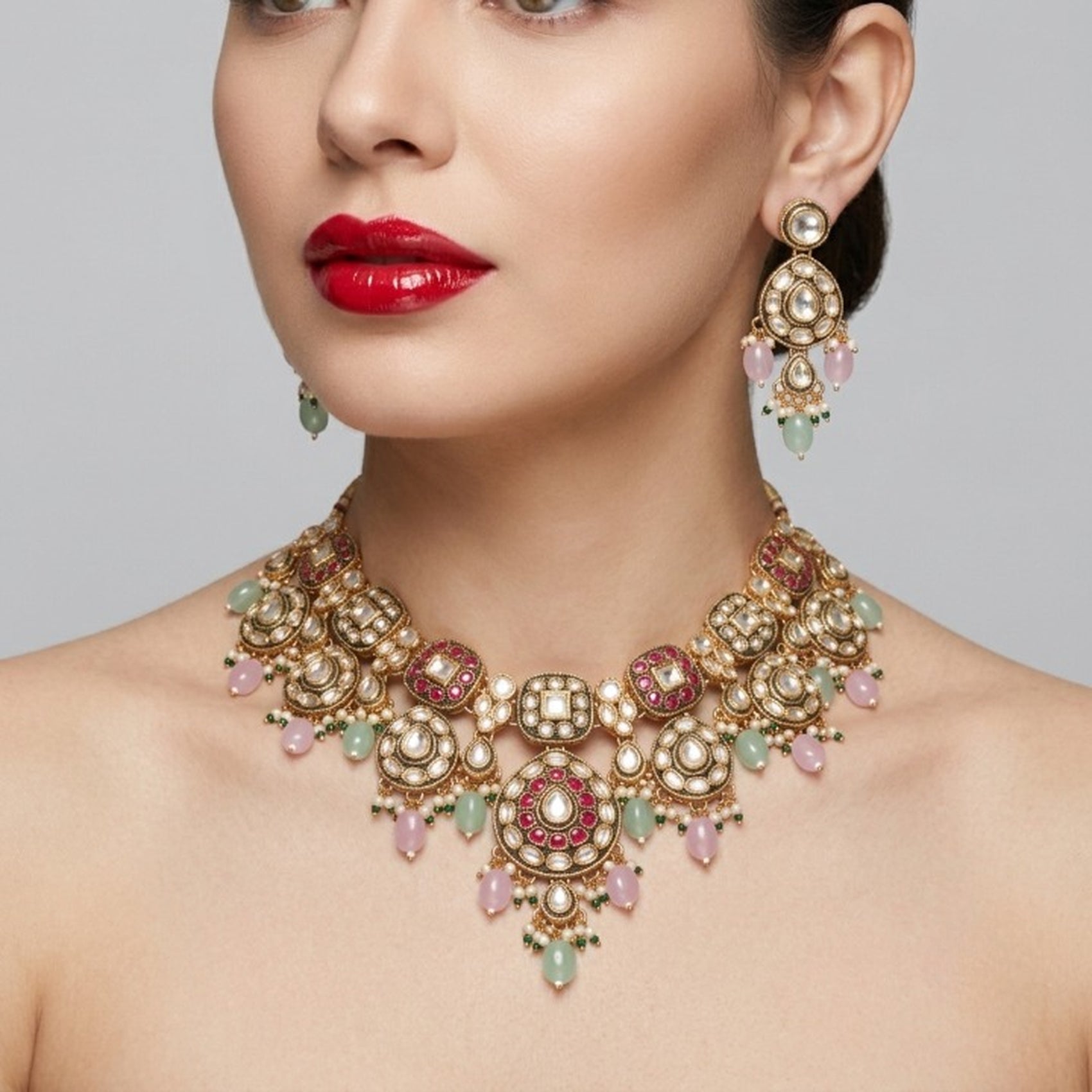 Jewel City Gold Plated Kundan Necklace Set With Pastel Pink And Mint Green Beads For Indian Bridal Weddings - Dista