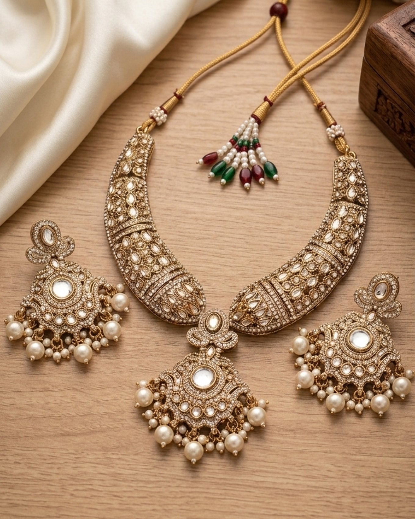 Jewel City Gold Kundan Necklace Set With Pearl Drop Earrings For Bridal Weddings - Dista