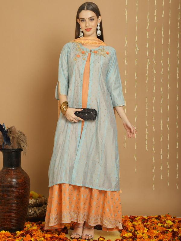 Jyoti Fashion Women's Turquoise Chanderi Silk Elegant Jardoshi Kurta with Trouser & Dupatta - Distacart