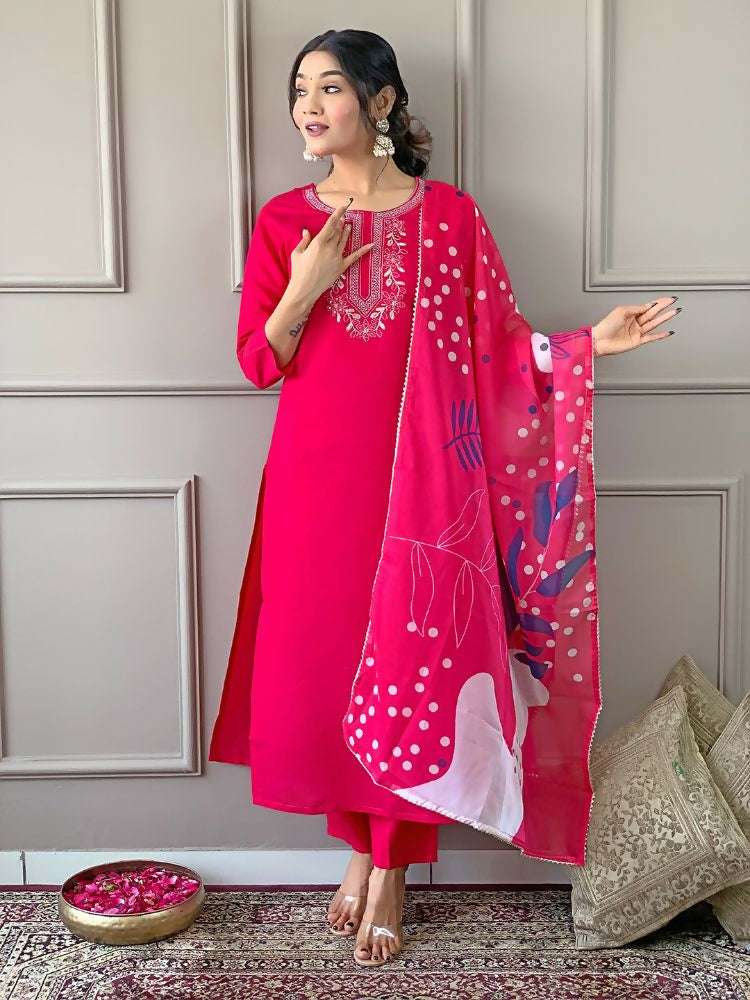 The52 Women's Beautiful Embroidery Work Rayon Fabric Straight Kurta Pant and Dupatta Set
