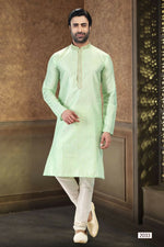 Thumbnail for Raivat Ethnic Jacquard Art Silk Thread Work Kurta Pajama In Pista Green Colour - Distacart