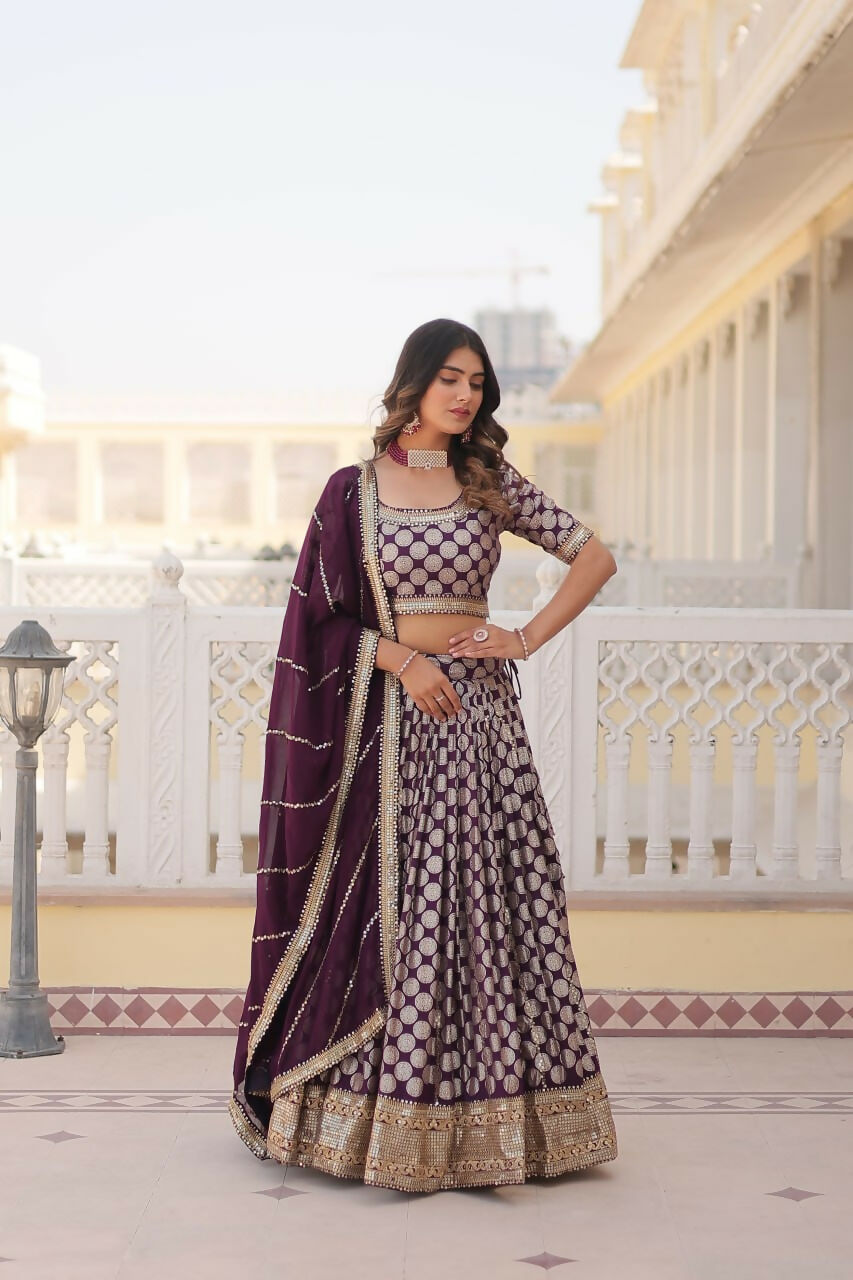 Preksha Creation Pure Dyable Viscose Jacquard With Embroidered Sequins Work Women Lehenga Choli - Wine - Distacart
