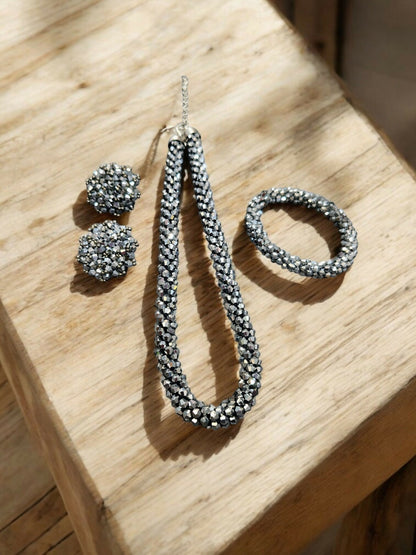 Inhanns Complete Look Crystal Statement 3-Piece Set (Adjustable Necklace + Earrings + Adjustable Bangle ) - Silver - Distacart