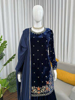 Thumbnail for Vastranavya Blue Viscose Velvet Thread Sequence Work Kurta & Palazzo With Dupatta