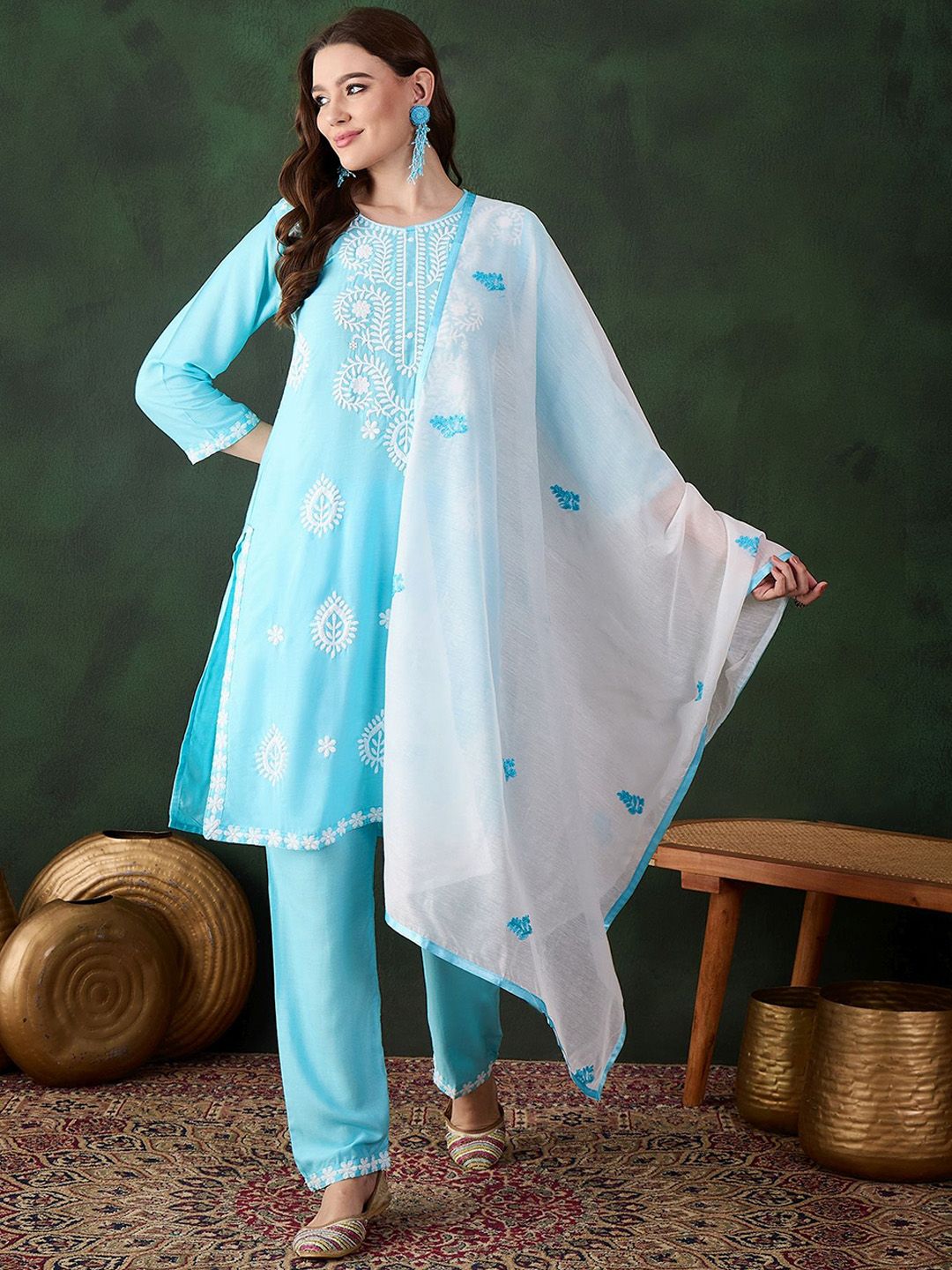 Sangria Blue and White Ethnic Motifs Embroidered Thread Work Pure Cotton Kurta Set - Distacart