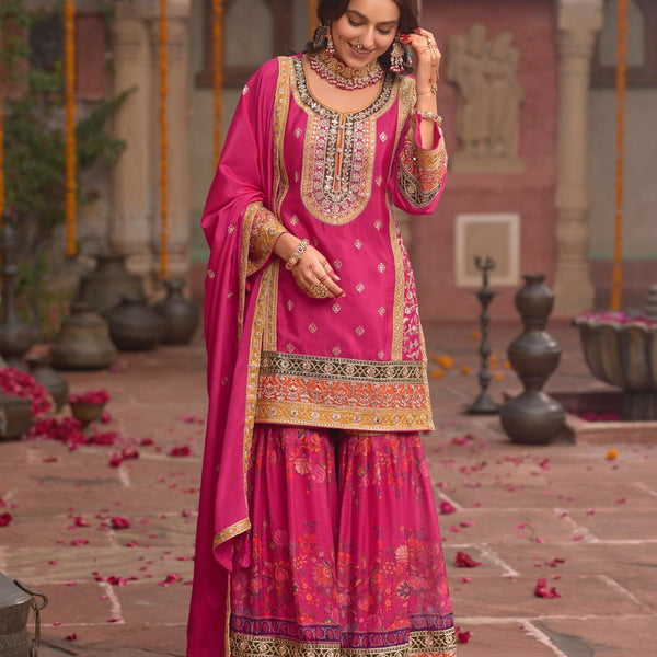 Anaita Rani-Pink Chinon Readymade Palazzo Suit with Codding Dori & Sequence Work - Distacart