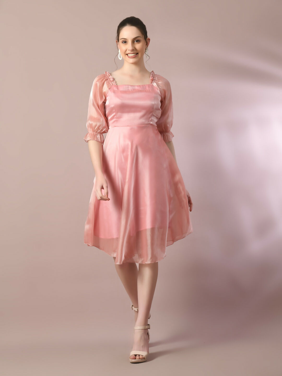 Myshka Women's Pink Solid Square Neck Fit and Flare Party Dress - Distacart