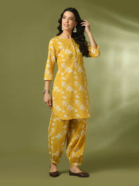 Thumbnail for Myshka Women's Yellow Printed Cotton Round Neck Party Tunic With Trousers Co-ord set - Distacart
