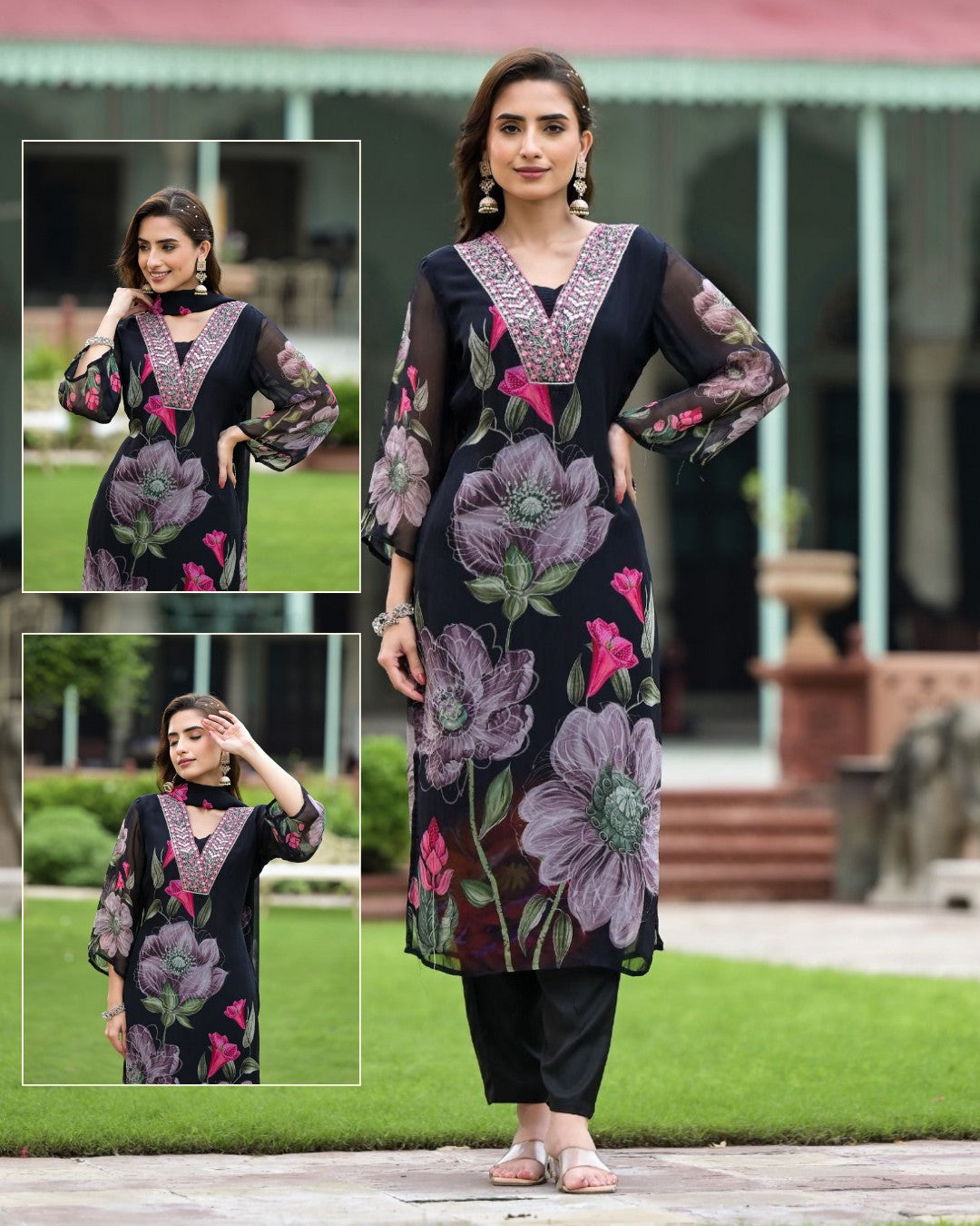 Lorenvalley Black Georgette Printed with Embroidery Work Kurta Set - Distacart