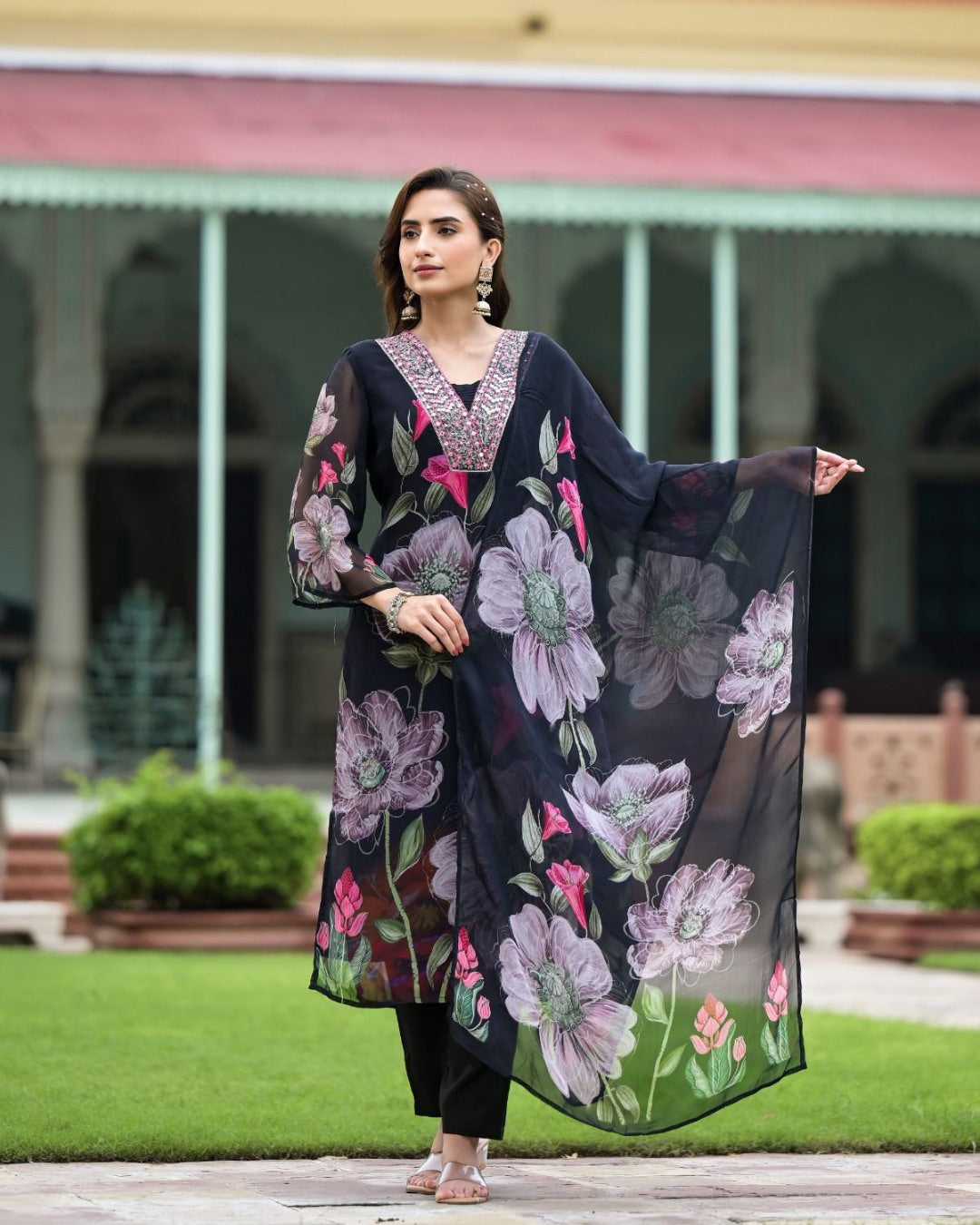 Lorenvalley Black Georgette Printed with Embroidery Work Kurta Set - Distacart